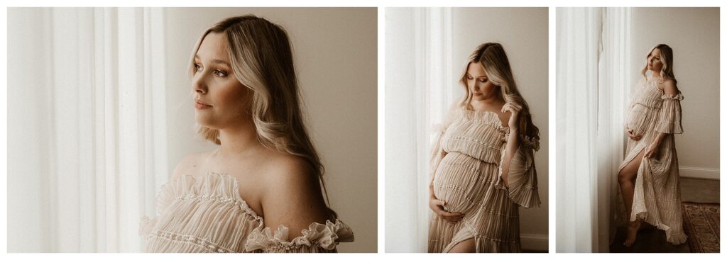 close ups of expecting mother in indoor studio maternity session Stl missouri