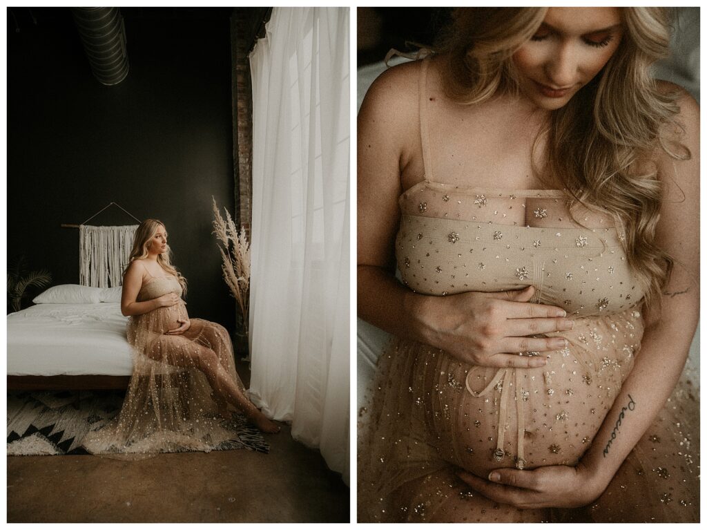 close up of indoor maternity session, mom wearing sheer free people sequin gown fine art maternity photographer St Louis Missouri