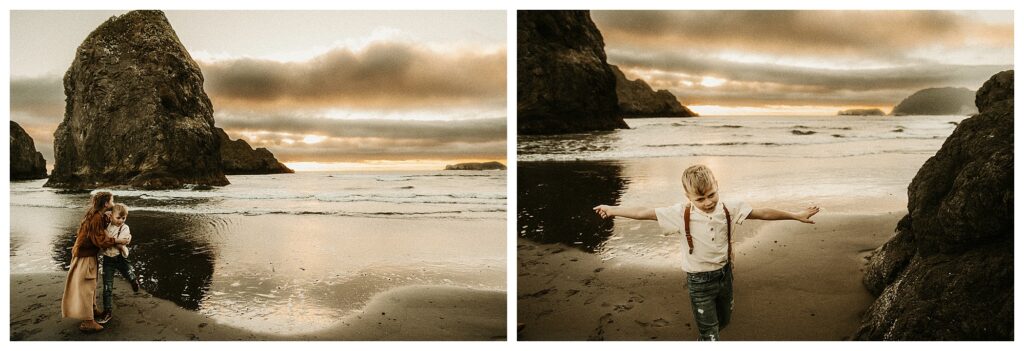 two children playing at the beach in Oregon with beautiful sunset in background at Stormy Solis workshop Rebecca Stephenson fine art family photographer St Louis Missouri