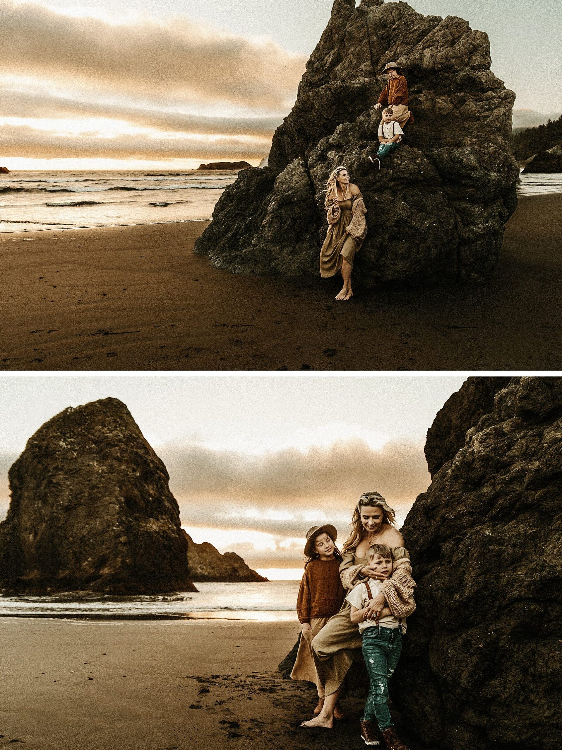 mother and her two children spending time at outdoor family session on Oregon beach at Stormy Solis workshop Rebecca Stephenson fine art family photographer St Louis Missouri