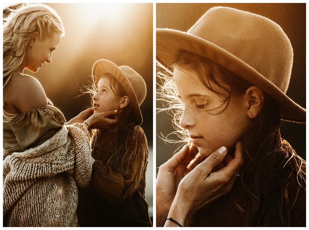 close up of mother holding her daughters face in her hands, wearing a hat and wild windy hair outdoor session at Stormy Solis workshop Rebecca Stephenson fine art family photographer St Louis Missouri