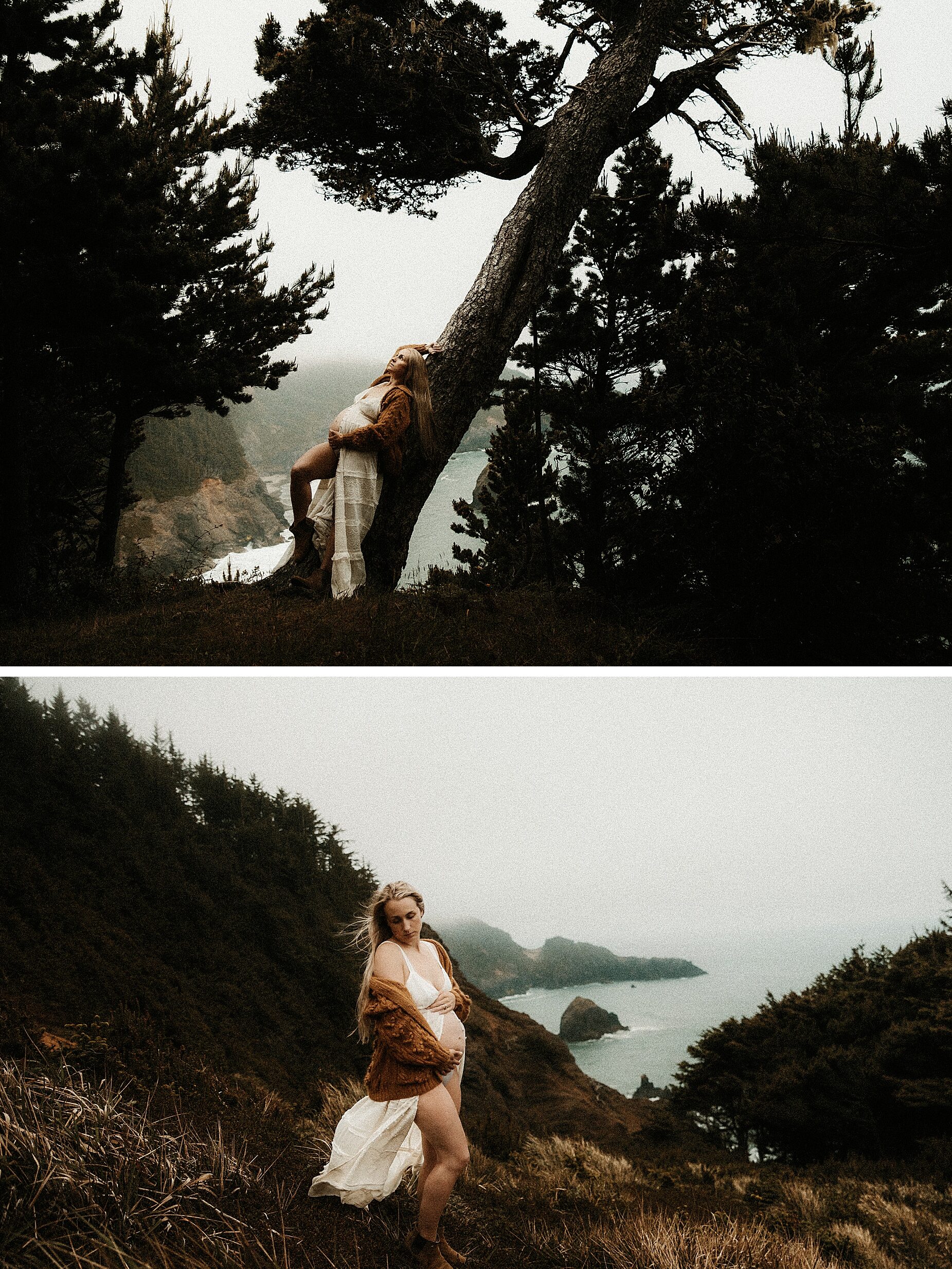 outdoor maternity session at cliff overlook in Oregon, mother to be wearing free people slip and chunky cardigan | fine art artistic outdoor maternity photographer Missouri