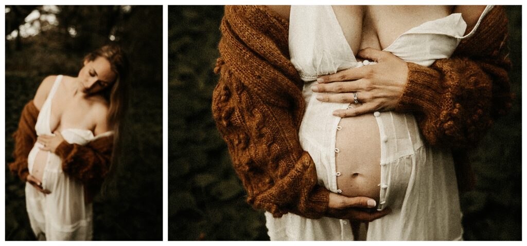 close up of pregnant woman holding belly in the woods | fine art luxury portrait photographer STL O'fallon Missouri