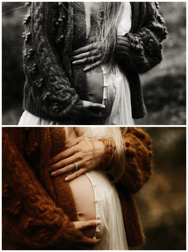close up maternity belly free people slip and chunky sweater with wild hair blowing in the wind at Stormy Solis Oregon Hometown Retreat | fine art maternity photographer STL Missouri