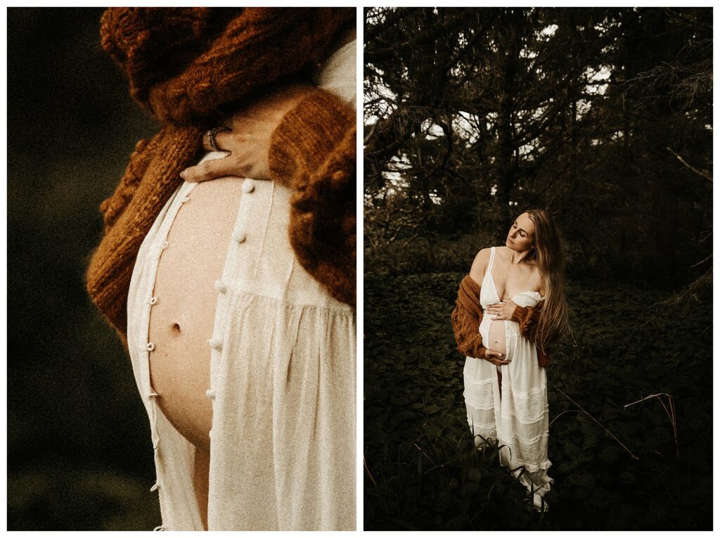 Mother cradling her bump in the woods at outdoor fine art maternity session in chunky sweater | artistic maternity photographer Saint Louis Missouri