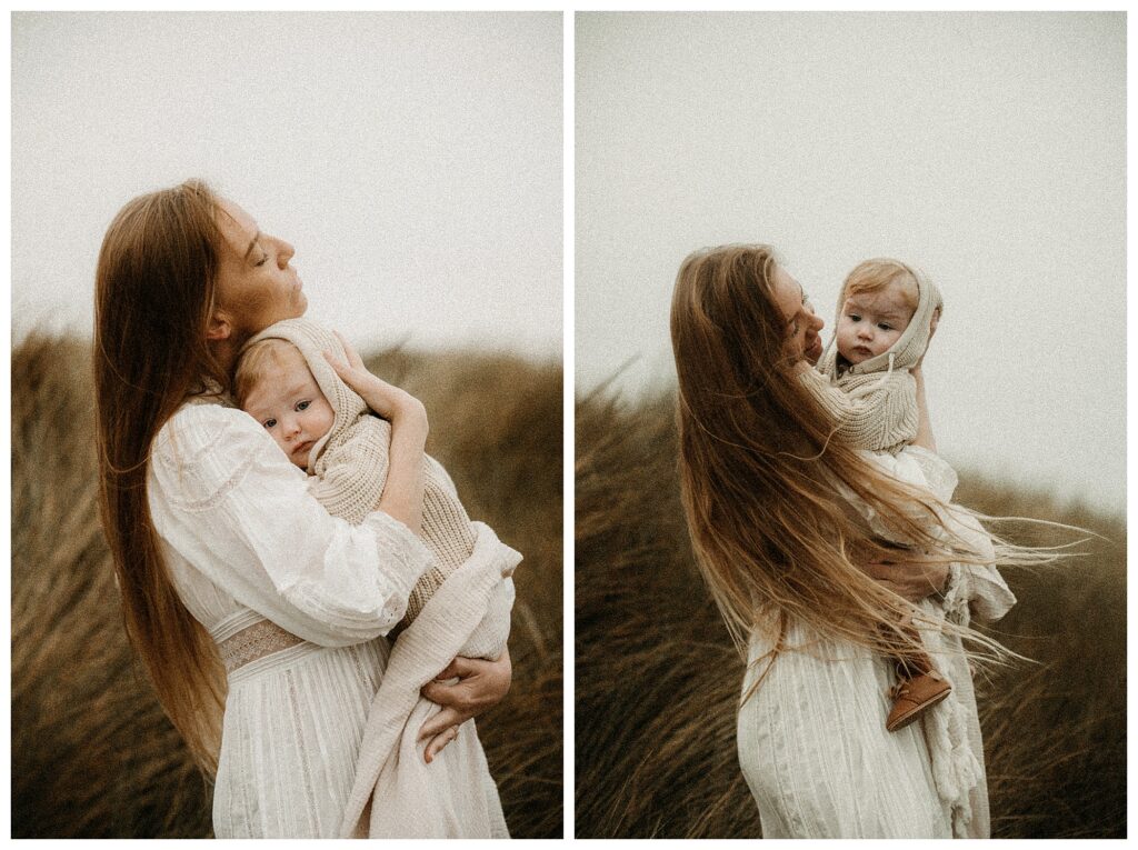 Mom and her son close up long hair and organic knit romper beige grainy moody portraits STL Missouri
