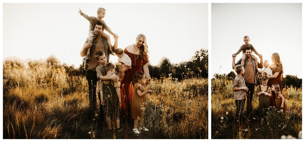 Family of seven in wildflower field at Towne Park Missouri Saint Louis fine art family session grainy