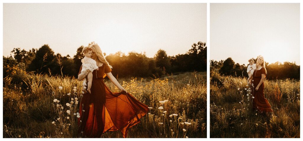 mother and baby in wildflower field dancing in flowy dress sunset Missouri Saint Louis Family photographer
