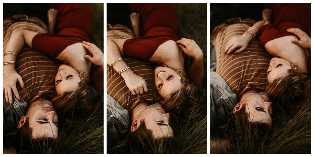 husband and wife close up photos snuggled up in wildflower field Missouri Wentzville fine art photography
