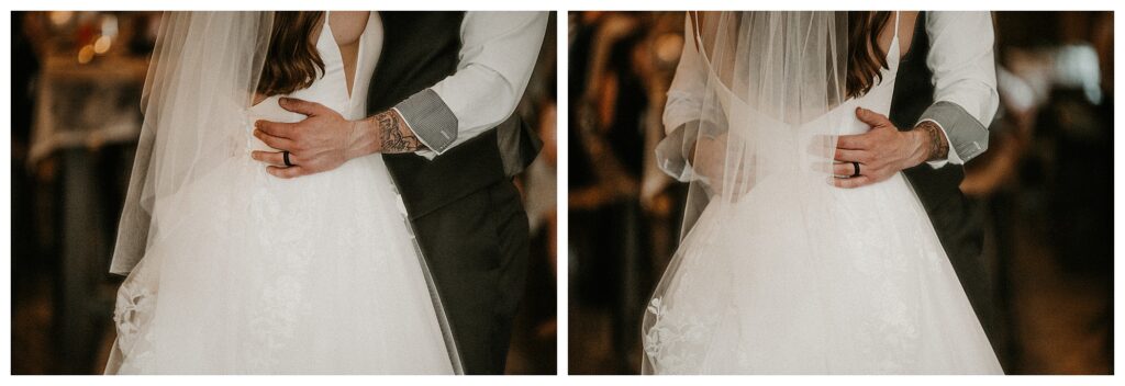close ups of husbands hand on his wife's waist during first dance