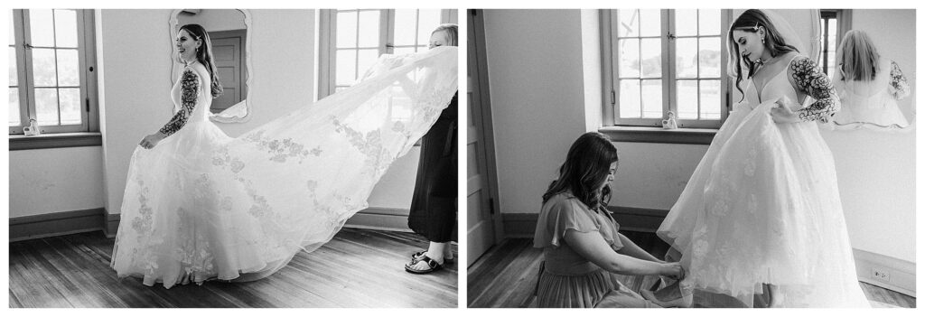 black and white photos of bride getting ready putting on shoes