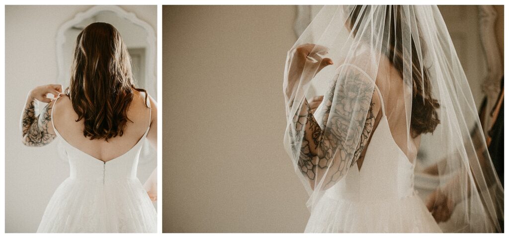 Bride finishing touches putting on dress and veil das Bevo wedding venue