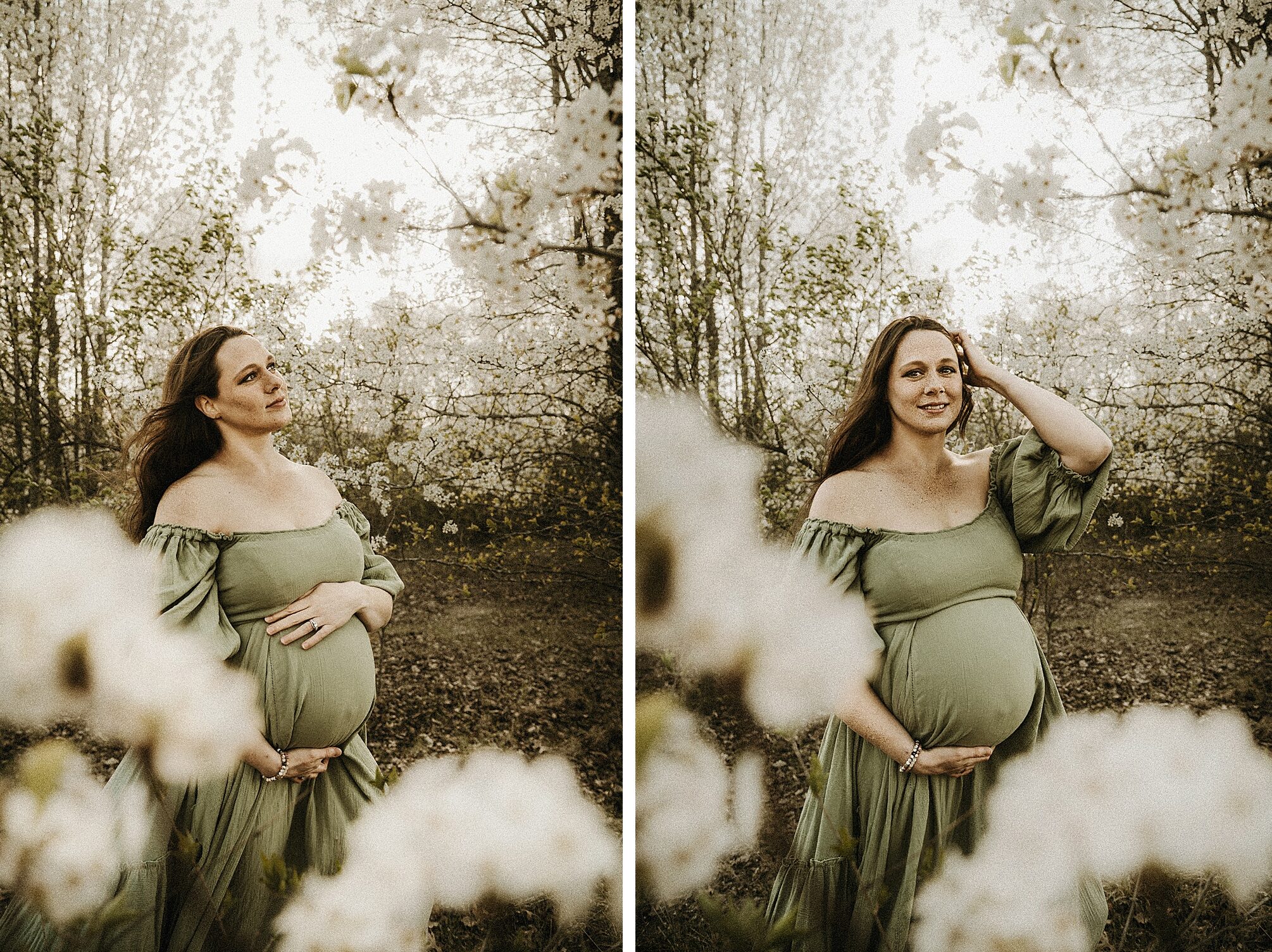 Expecting mother between blooming trees in O'fallon Missouri wearing We are Reclamation sage green gown fine art vintage photography