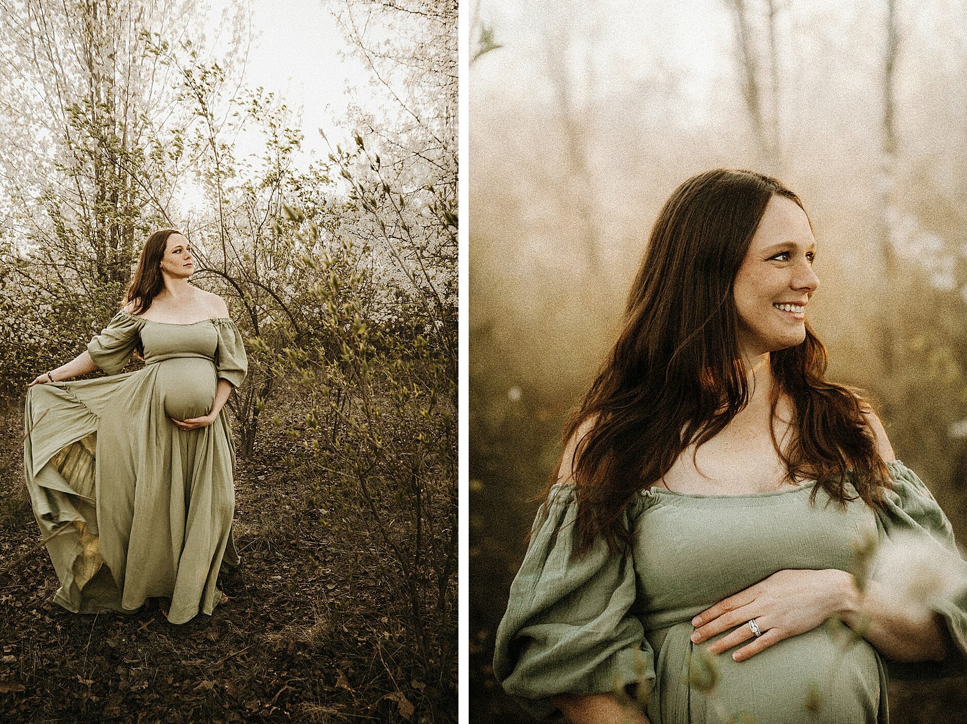 Expecting mother holding her belly in We are Reclamation Gown at outdoor spring maternity session with blooming trees in O'fallon Missouri Wentzville grainy editing style