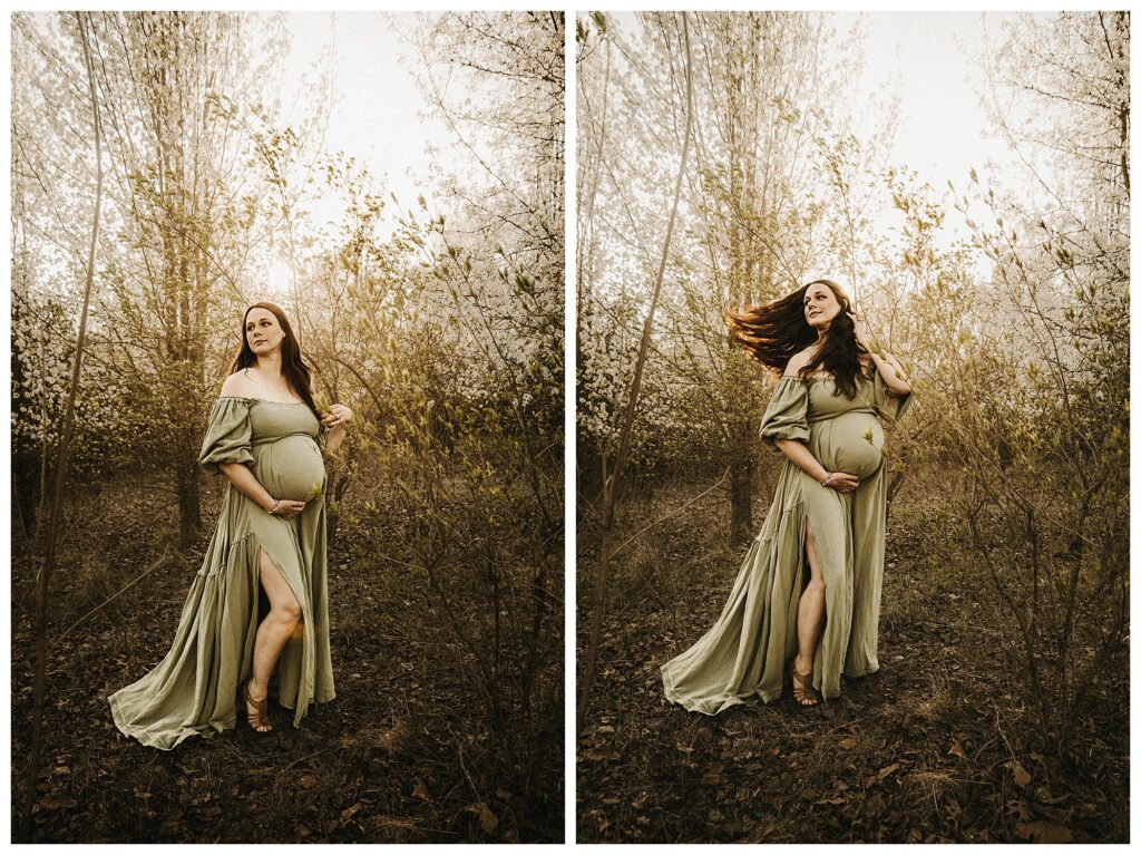 Maternity session mother whipping her hair with sun setting behind her vintage inspired fine art photographer St Louis Missouri