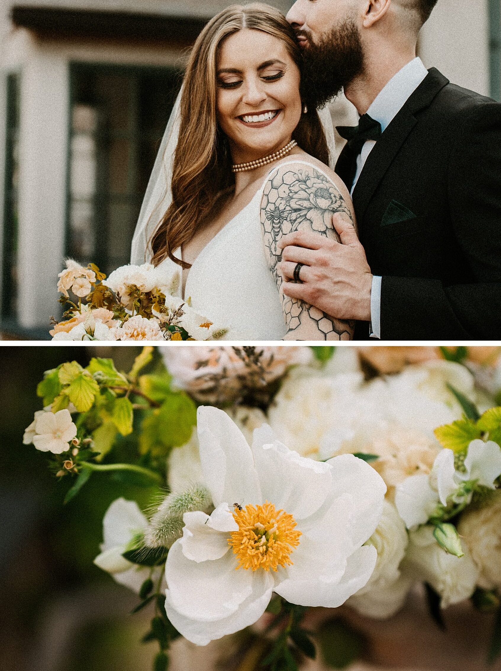 close up of husband kissing his wife and little bee on wedding bouquet
