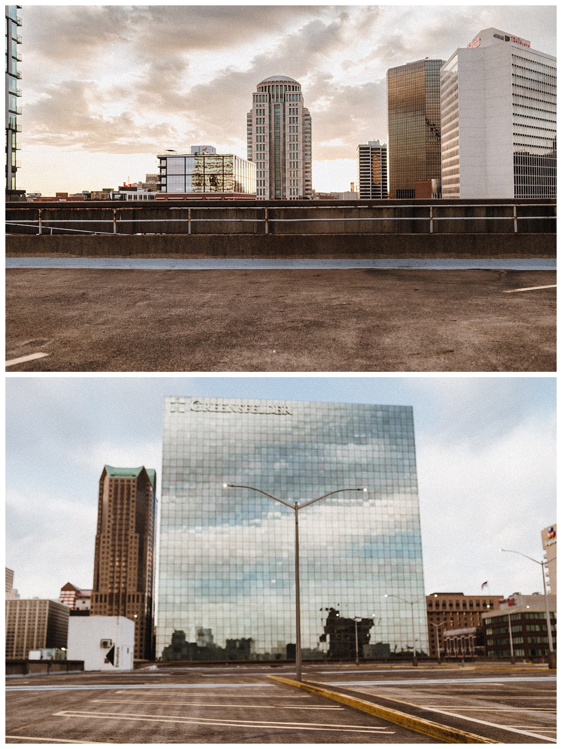 Parking Garage with skyline and Arch in St. Louis Missouri urban engagement spots St Louis Missouri wedding photographer