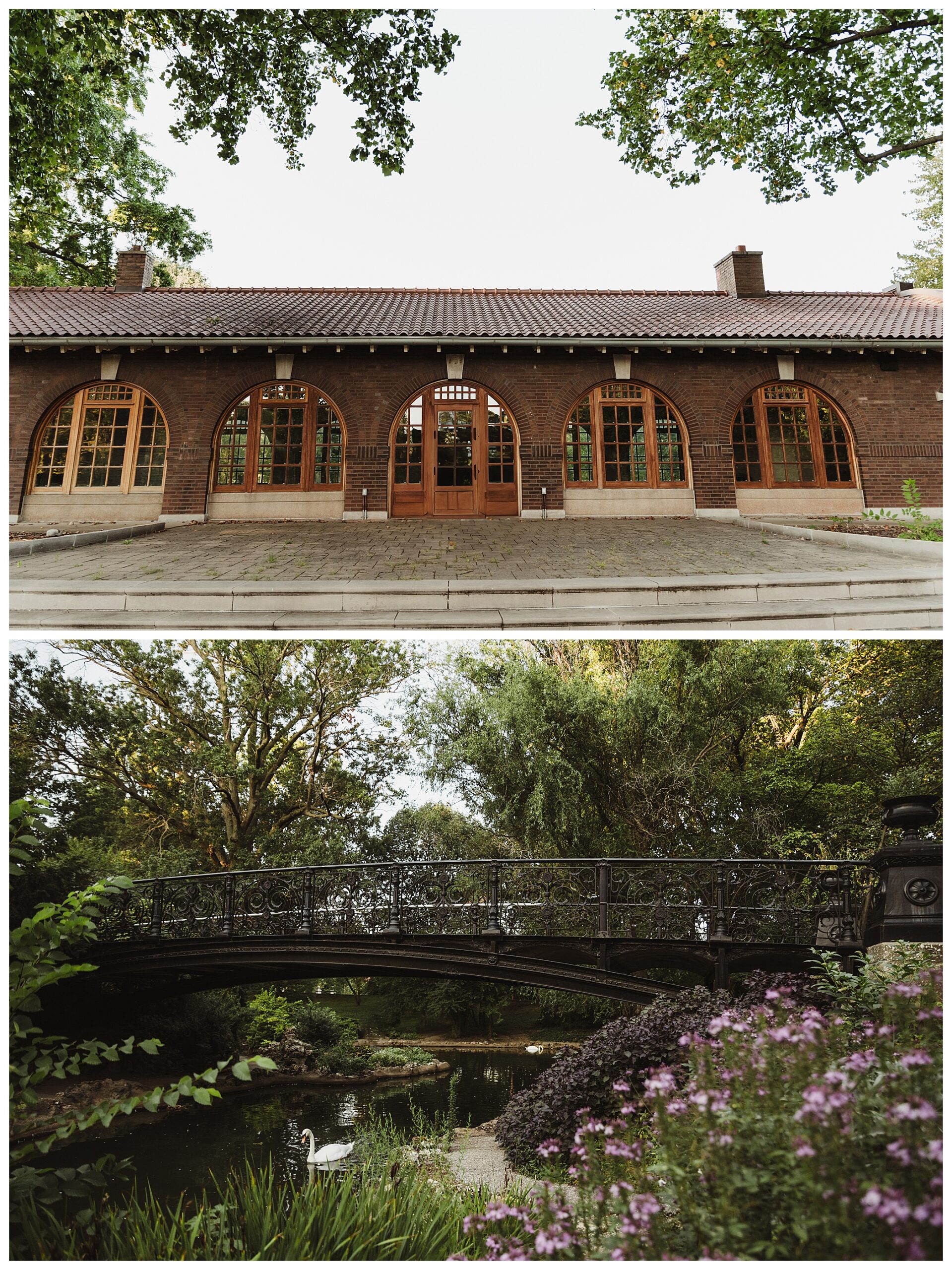 Lafayette Park iron bridge and arched brick building best spots for engagement session with swan STL missouri wedding photographer