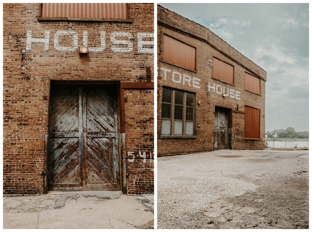 Brick buildings downtown St Charles Foundry art center industrial engagement session spot