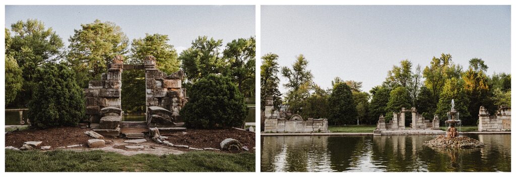 Tower Grove Park with ruins by the water St Louis engagement session location outdoorsy wedding photographer