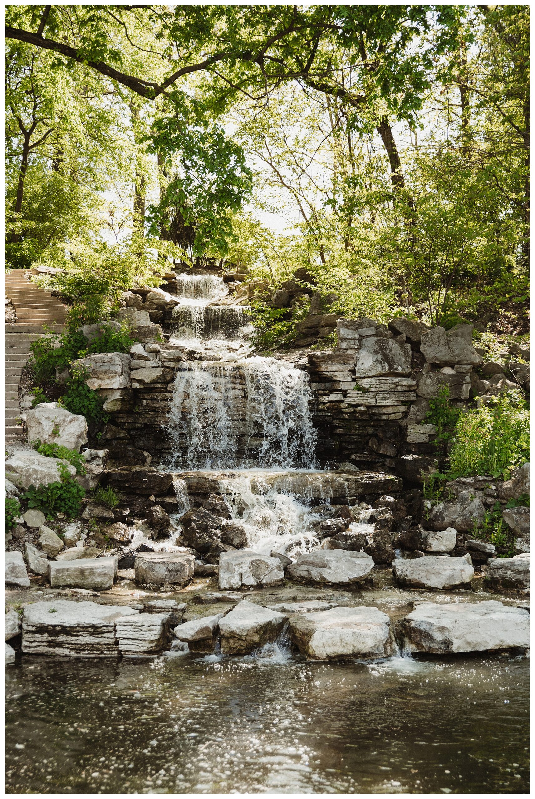 The Cascades waterfall at Forest park, easily accessible engagement session location in St. Louis Misssouri wedding photographer