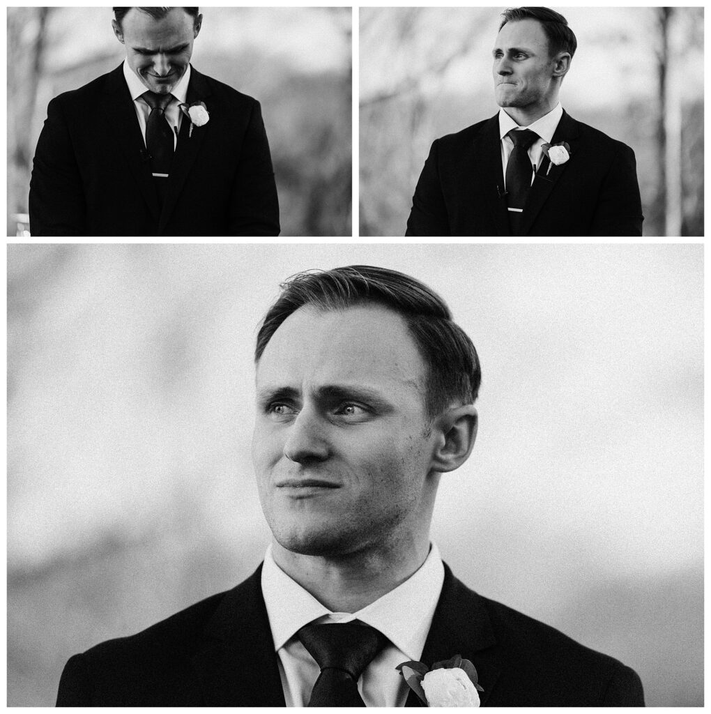 groom emotional reaction to seeing bride walking down the aisle black and white