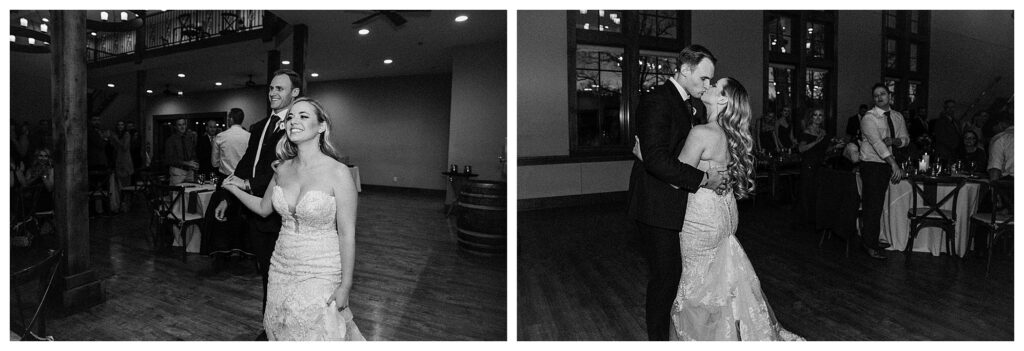 bride and groom grand entrance black and white wedding photographer missouri