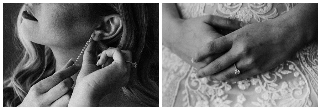 black and white close ups of bride putting on earrings and engagement ring