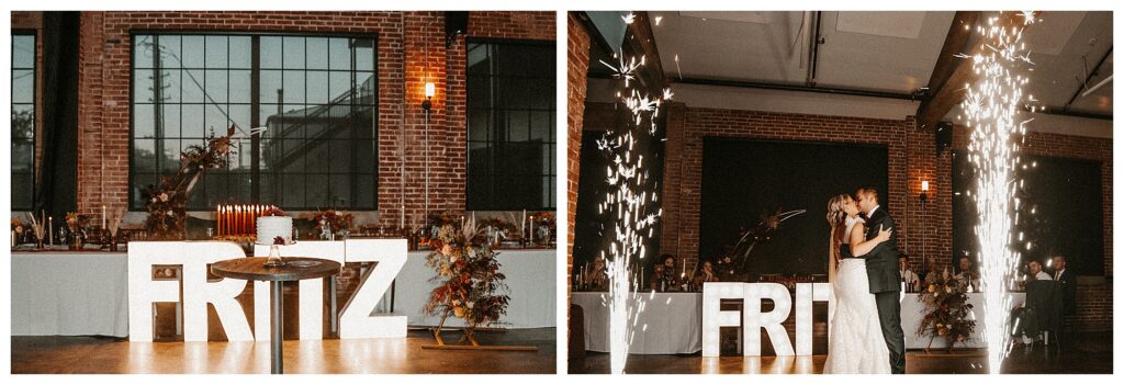 wedding marquee letters and indoor sparklers St Louis wedding photographer