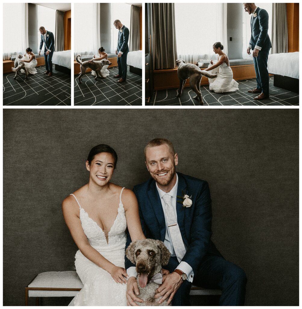 bride and groom first look with their dog in hotel room St. Louis Missouri