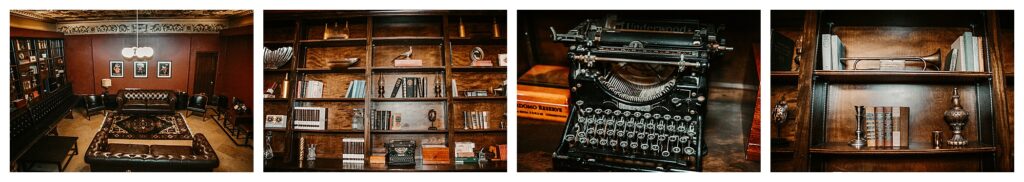 grooms quarters at the Noble old bank building turned wedding venue, bookshelf with old typewriter and mancave decor STL wedding photographer