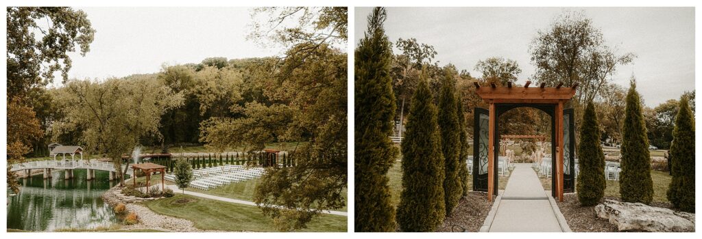 Overview of wedding venue with pond and bridges, tall hedges outdoor wedding ceremony STL Missouri wedding photographer