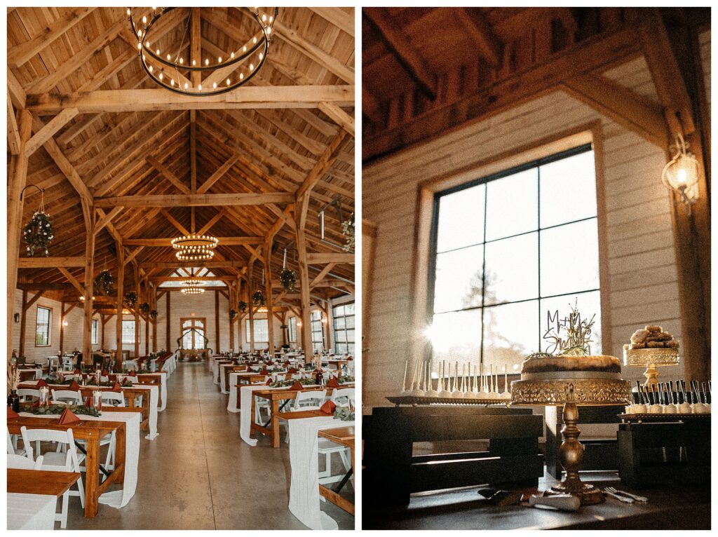 Wedding barn with decorated tables and desserts in STL Missouri wedding photographer