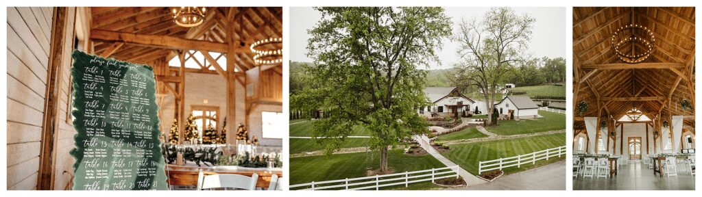 chic rustic wedding barn in Peverly Missouri table decorations, seating chart and chandeliers STL