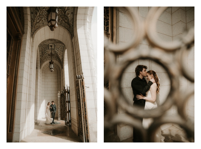 Cathedral St Louis engagement session with forehead kiss and golden gates