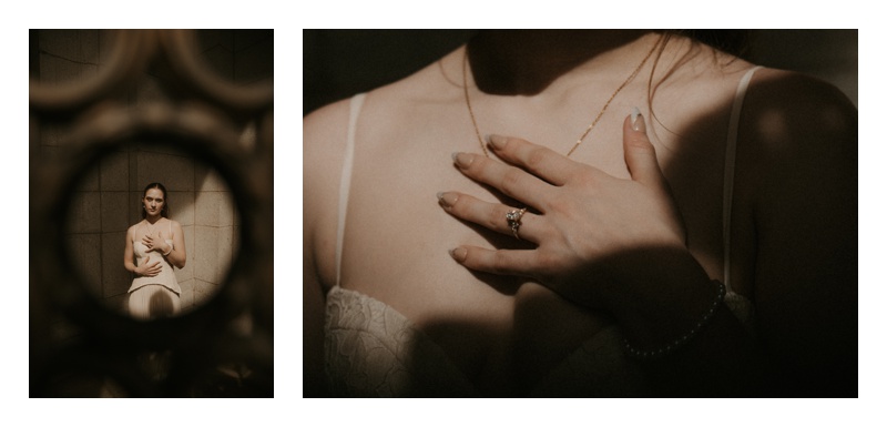 harsh sun and moody shadows at editorial vintage engagement session of bride with close up of her engagement ring
