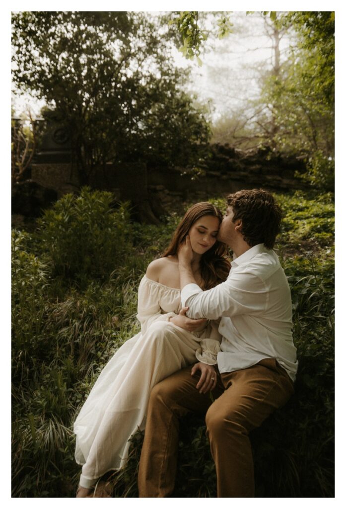 romance novel cover engagement session at Lafayette Park in Missouri forehead kiss