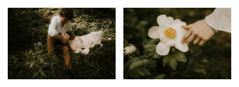 Notebook inspired engagement session with vintage vibe bride ring with flower, laying in grass