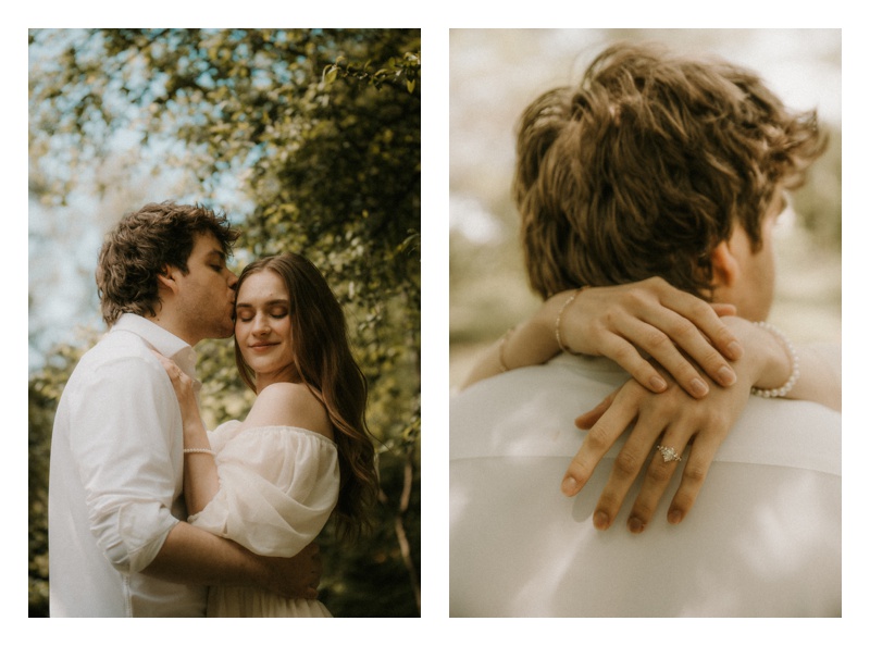 Engagement session at Lafayette Park with ring close up and forehead kiss