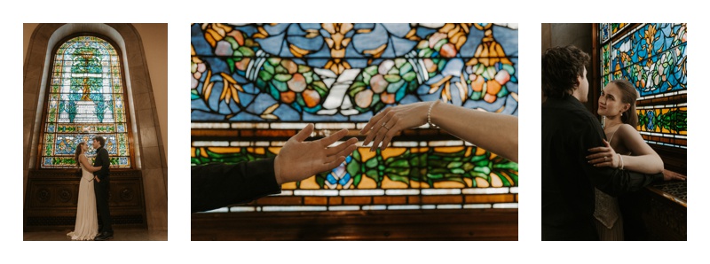 stained glass closeup of engagement ring at Central Library St. Louis photography session